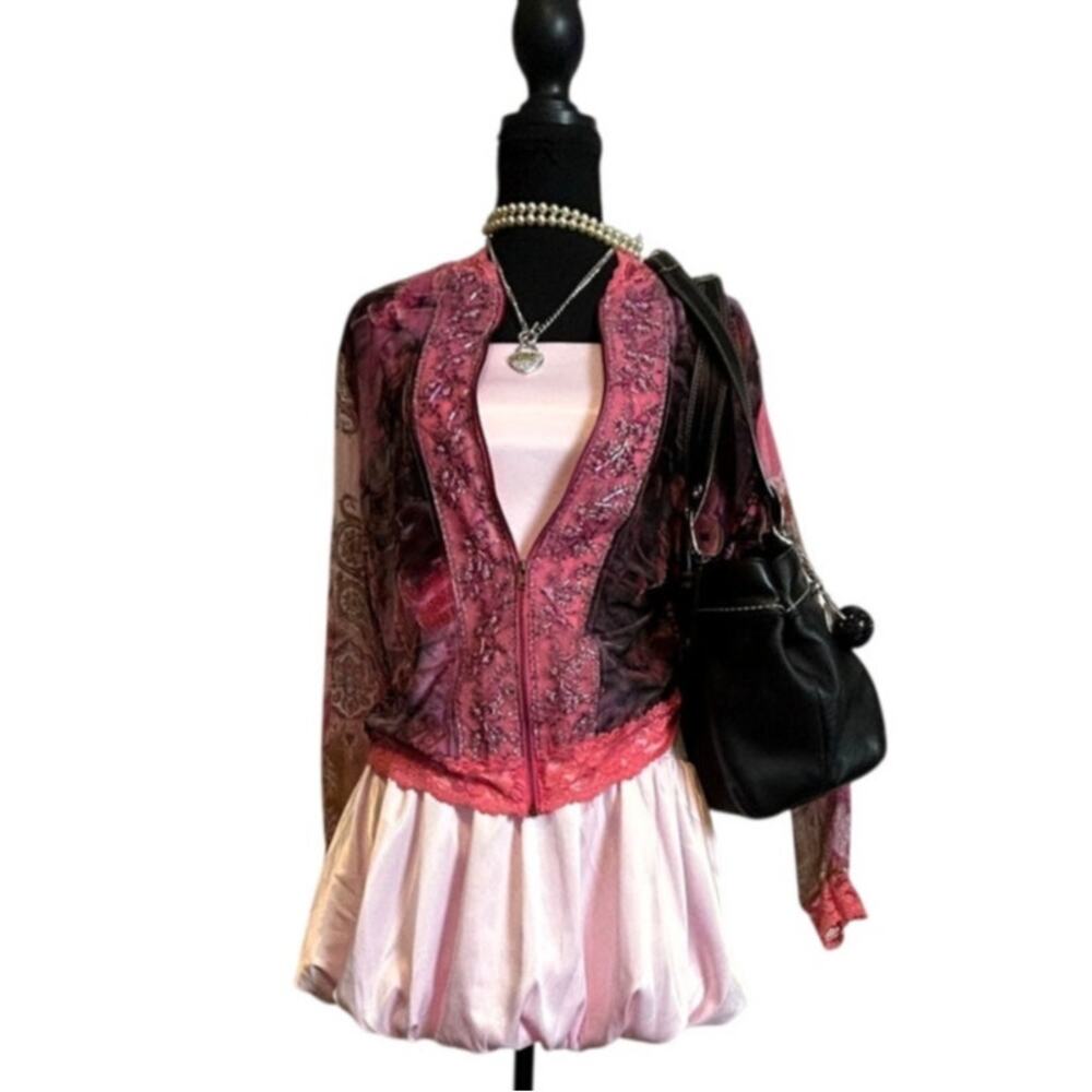 Vtg Jaipur Patchwork Velvet Zip Lace Trim Mesh Beaded Euro Fairycore Jacket M
